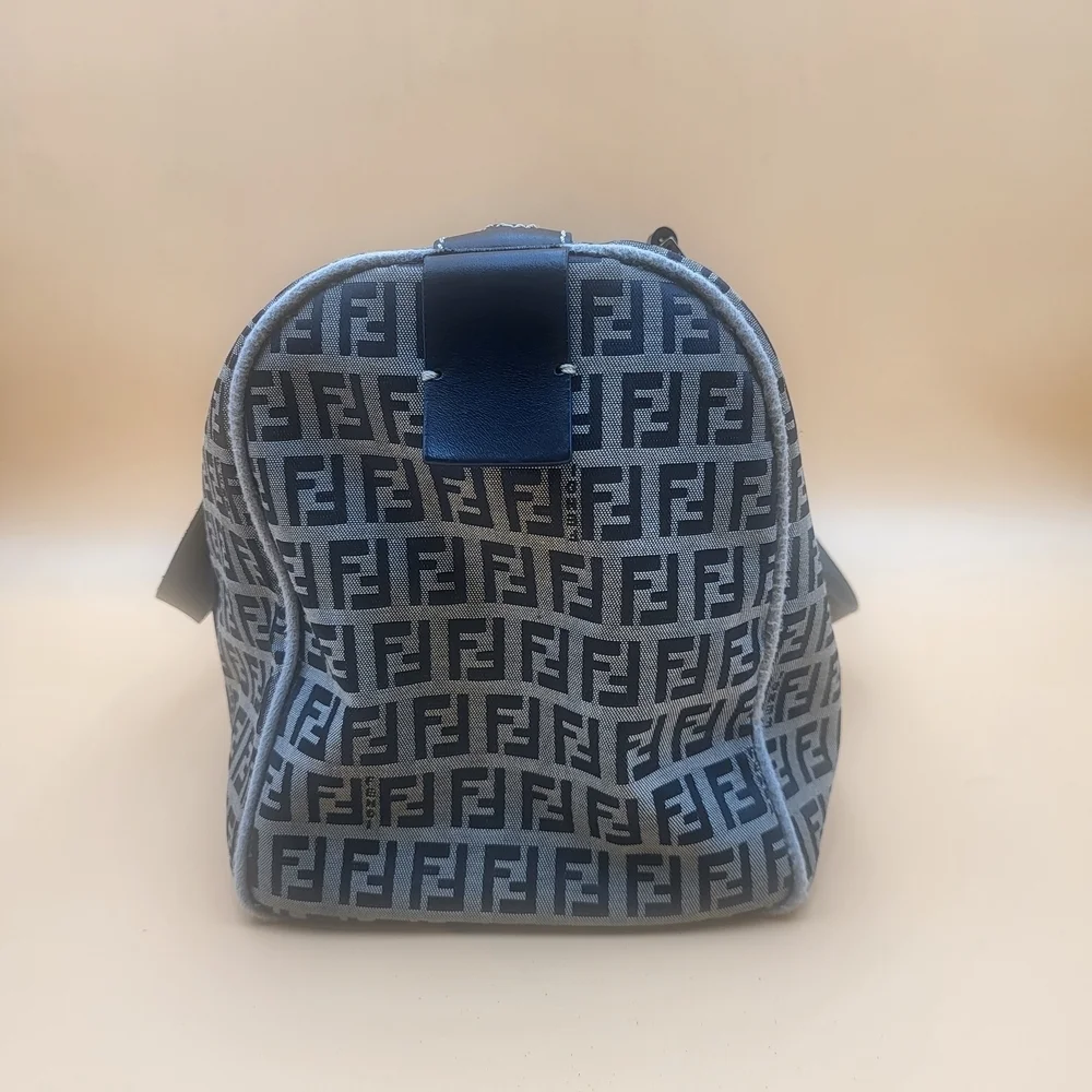 FENDI Zucchino FF Canvas Leather Boston 30 HandBag Navy..Authentic...W/COA.